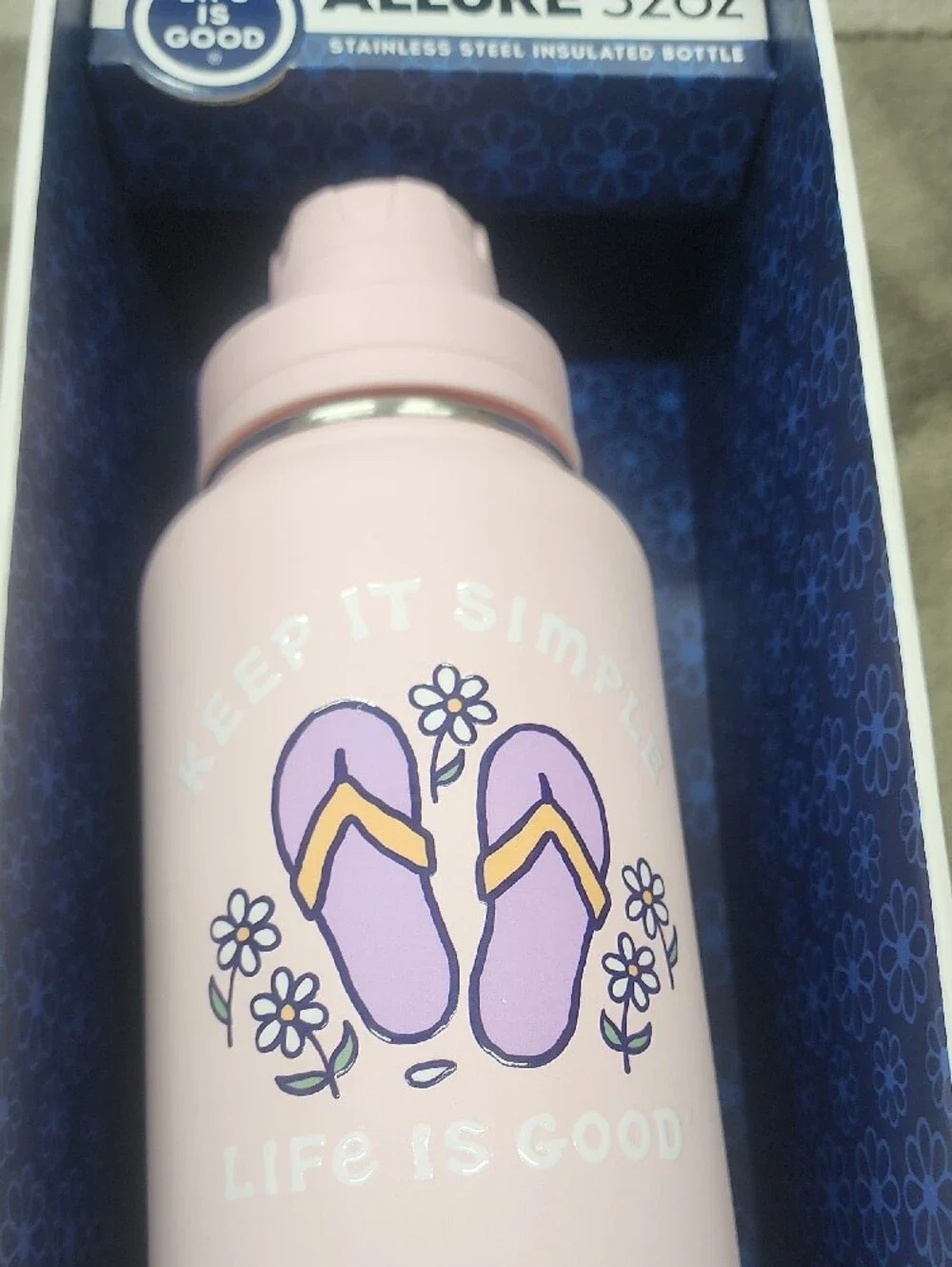 Life Is Good Allure 32oz Insulated Bottle in Light Pink with Purple Design